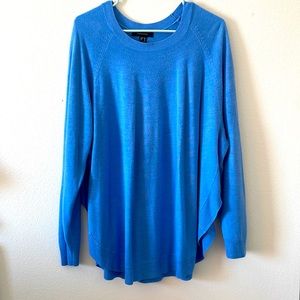 Blue sweater with ribbing detail around the bottom.